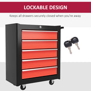 5 Drawer Lockable Steel Tool Chest With Wheels And Handle For Garage Or Workshop Red