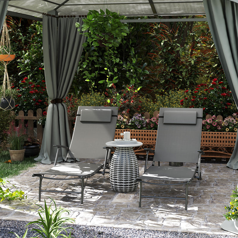 Set of 2 Grey Folding Sun Loungers with Adjustable Backrest and Pillows for Garden and Beach by Outsunny