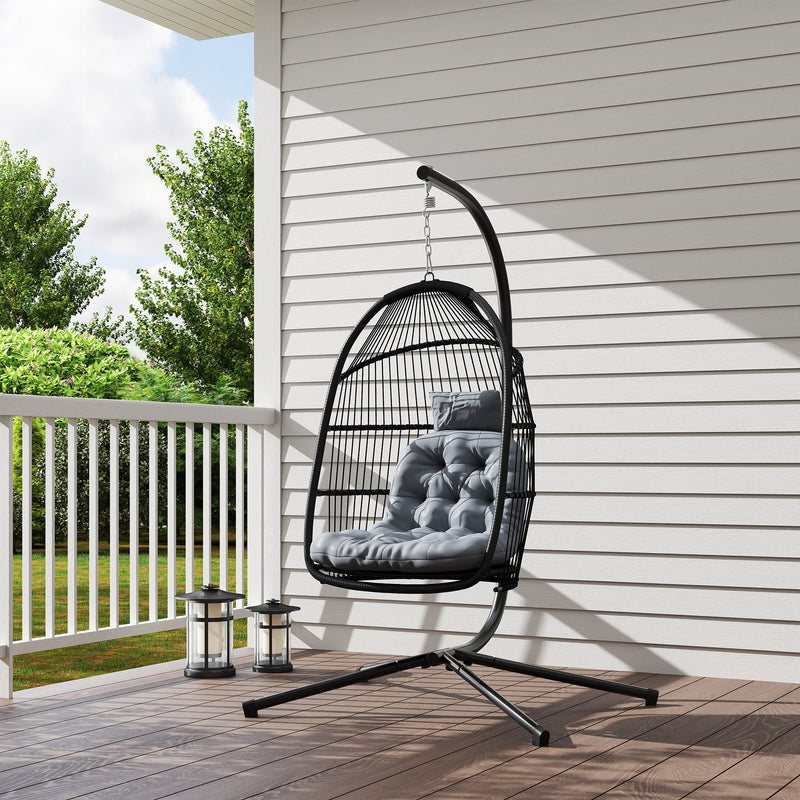 Dark Grey Rattan Hanging Egg Chair with Stand and Cushion for Garden or Indoor Use by Outsunny