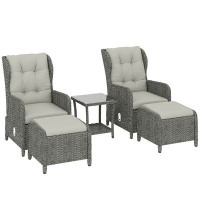 5-Piece Rattan Garden Bistro Set with Reclining Chairs, Footstools and Glass Side Table, Cream White Outsunny