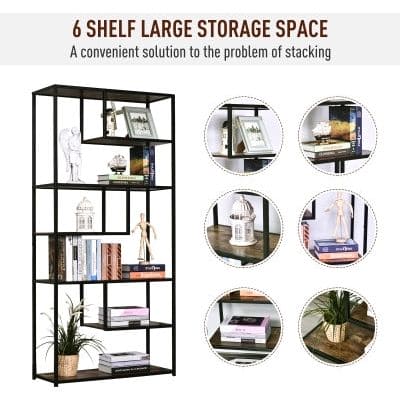 6-Shelf Wooden Bookcase Industrial Display Rack