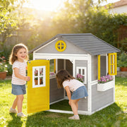 Wooden Outdoor Playhouse for Children with Planter Boxes and Weatherproof Shelter Grey Yellow White Outsunny