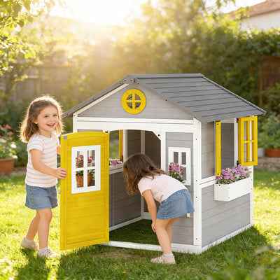 Wooden Outdoor Playhouse for Children with Planter Boxes and Weatherproof Shelter Grey Yellow White Outsunny