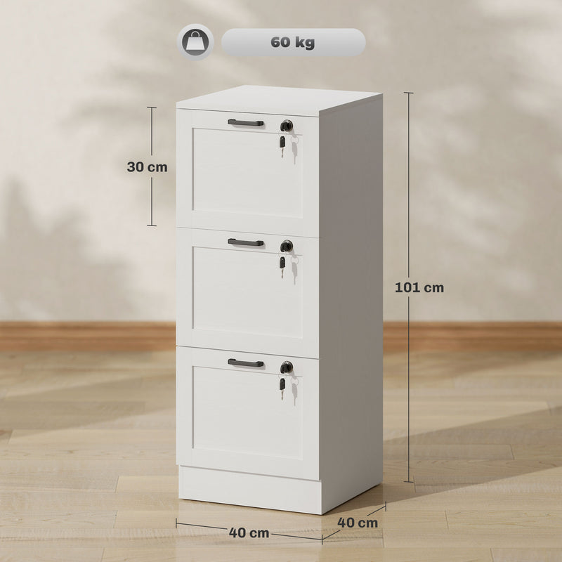 White 3 Drawer Filing Cabinet With Lock For Home Office Document Storage