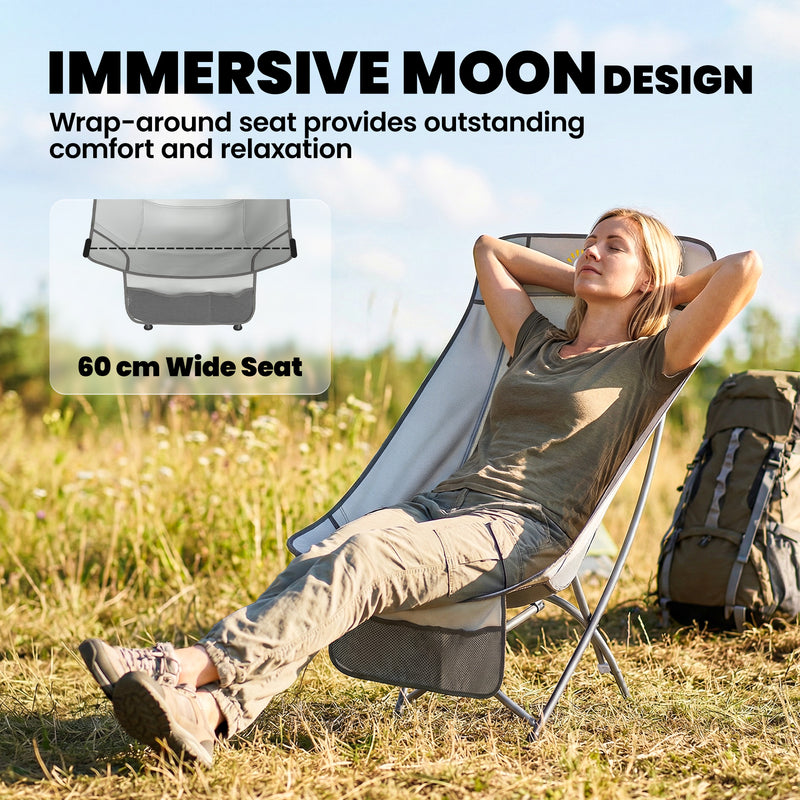 Folding Camping Moon Chair Quick Comfort No Assembly with Carry Bag Light Grey