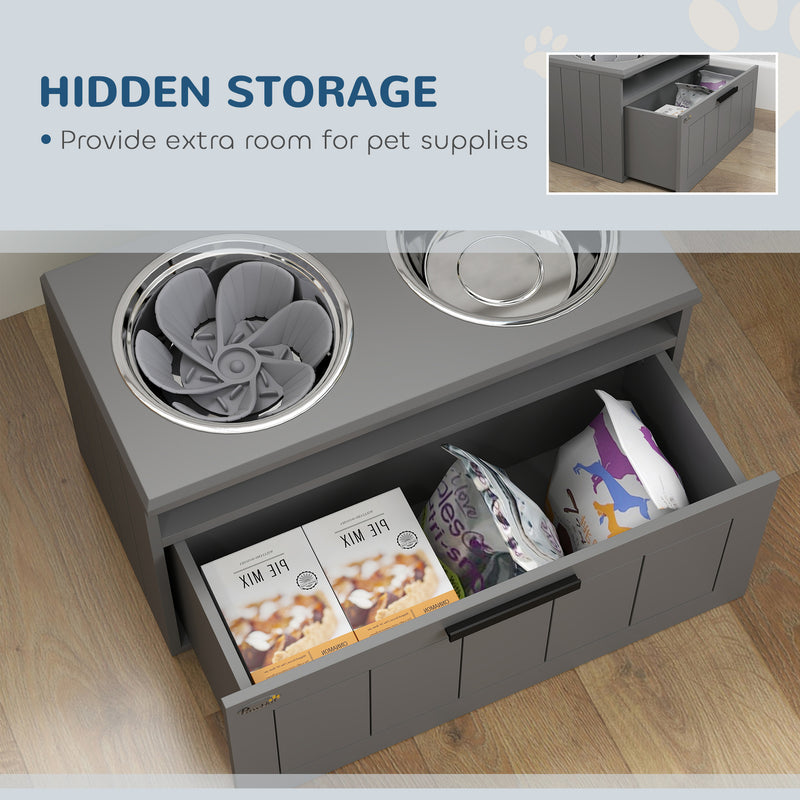 Raised Dog Feeder with Slow Feed Bowls and Storage Drawer for Large Dogs Grey