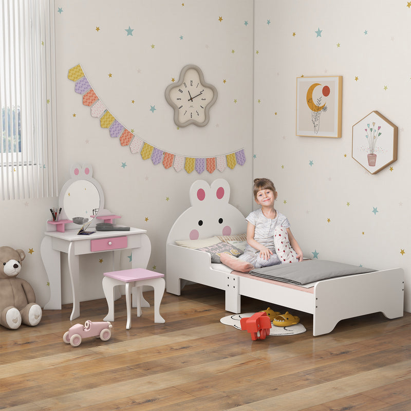 Wooden Kids Bedroom Furniture Set with Bed and Dressing Table for Ages 3 to 6 Years, Pink Bunny Design