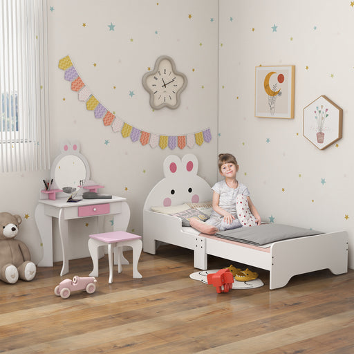 Wooden Kids Bedroom Furniture Set with Bed and Dressing Table for Ages 3 to 6 Years, Pink Bunny Design