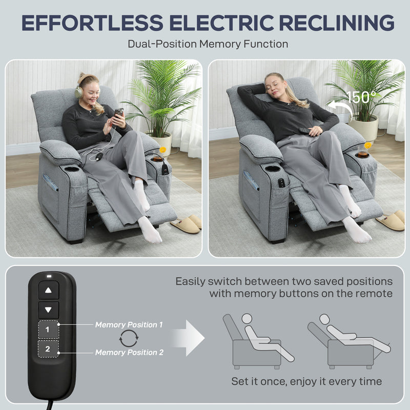 Electric Recliner Massage Armchair with Heat USB Port and Cup Holders for Lounge Grey AOSOM