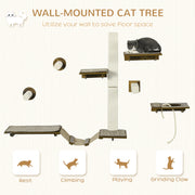 Wall Mounted Cat Tree Set with Scratching Posts and Perches for Play and Sleep Brown