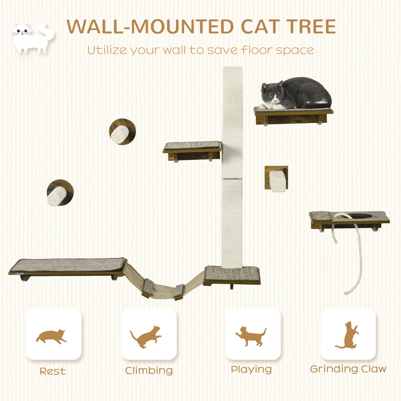 Wall Mounted Cat Tree Set with Scratching Posts and Perches for Play and Sleep Brown