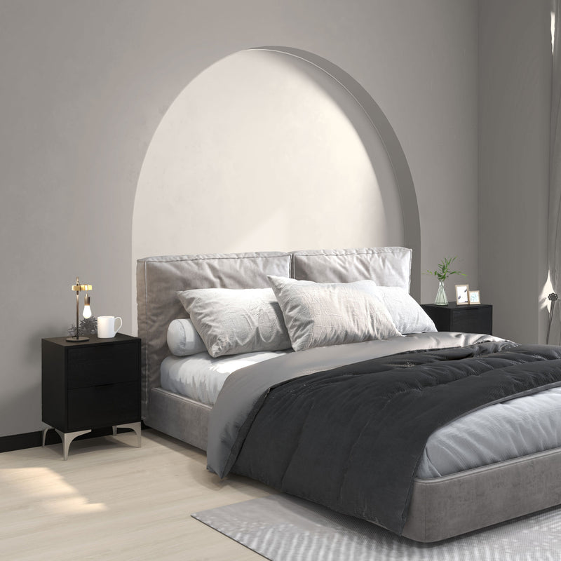 Set of Two Wooden Bedside Tables with Storage and Steel Frame for Bedroom, Black