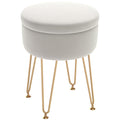 Round Storage Ottoman Footstool Cream White With Gold Hairpin Legs 5L Velvet Feel by HOMCOM Homcom