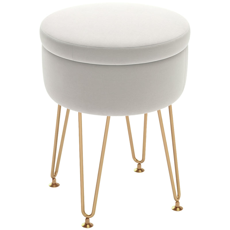 Round Storage Ottoman Footstool Cream White With Gold Hairpin Legs 5L Velvet Feel by HOMCOM