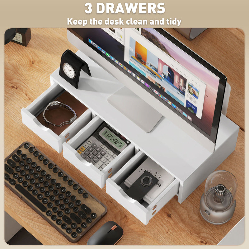 White Monitor Stand Riser with 3 Drawers for PC Laptop and Small Printer by HOMCOM