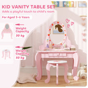 Pink Kids Dressing Table Set With Stool Mirror and Storage Strawberry Theme by AIYAPLAY