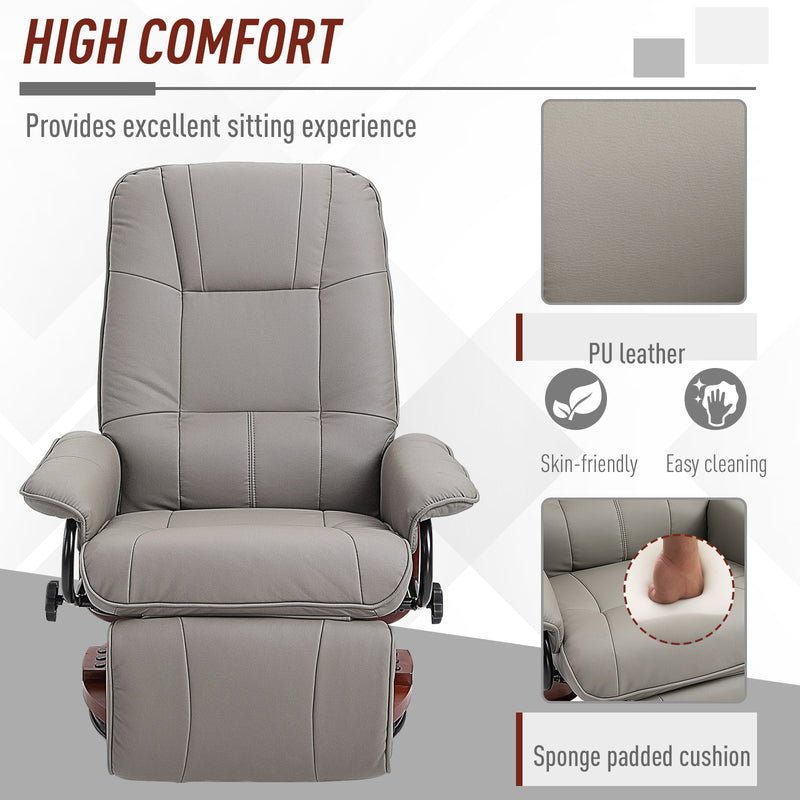 Manual Recliner Armchair With Faux Leather And Wooden Base For Living Room Comfort Grey
