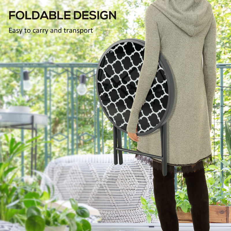 Round Folding Garden Side Table with Marble Effect Glass Top for Patio or Balcony Use