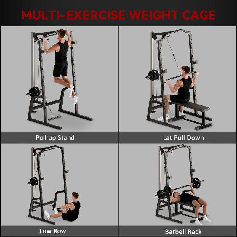 Home Gym Power Cage with 15 Level Squat Rack and Pulley System for Strength Training Black AOSOM