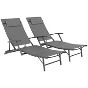 Set of 2 Grey Folding Sun Loungers with Adjustable Backrest and Pillows for Garden and Beach by Outsunny
