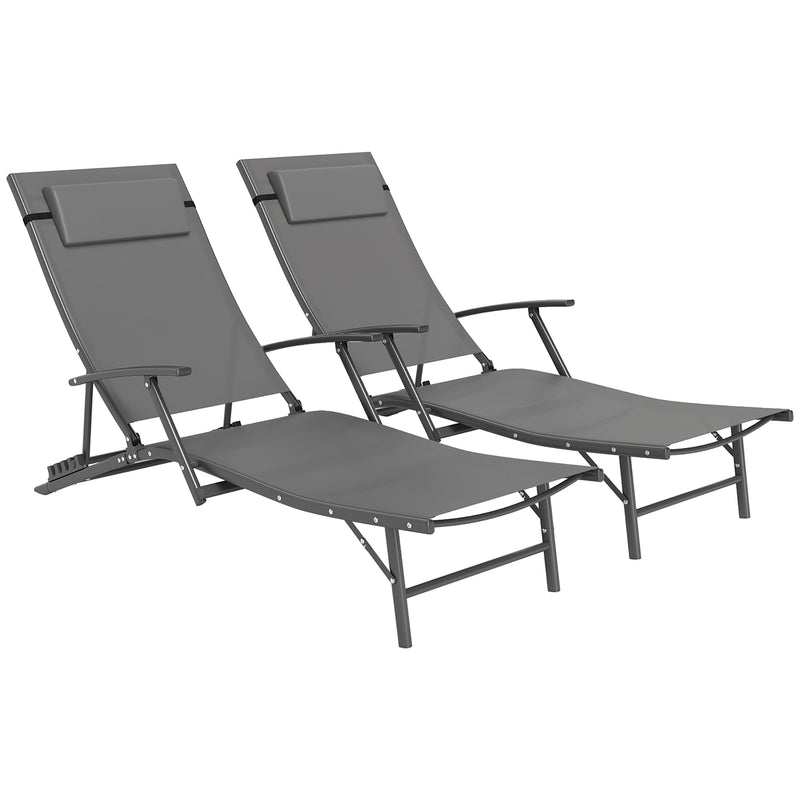 Set of 2 Grey Folding Sun Loungers with Adjustable Backrest and Pillows for Garden and Beach by Outsunny