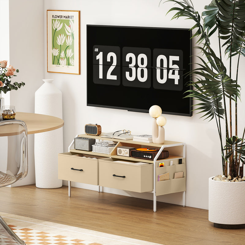 TV Stand Cabinet for 55 Inch TVs with Storage Drawers and Shelves for Living Room, Natural Wood