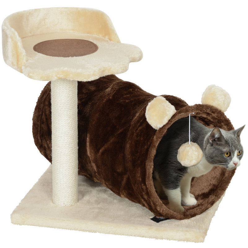 Small Cat Tree with Scratching Post Bed Tunnel and Toy Ball Dark Brown by PawHut