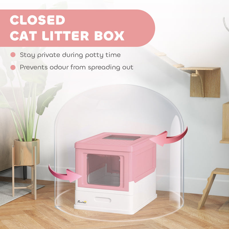 Pink Hooded Cat Litter Box With Scoop Portable Front Entry Pet Toilet by PawHut