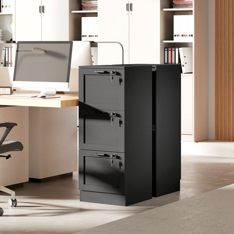 Black Lockable 3 Drawer Office Filing Cabinet With Smooth Rolling Wheels For Home Office 40W x 40D x 101H cm