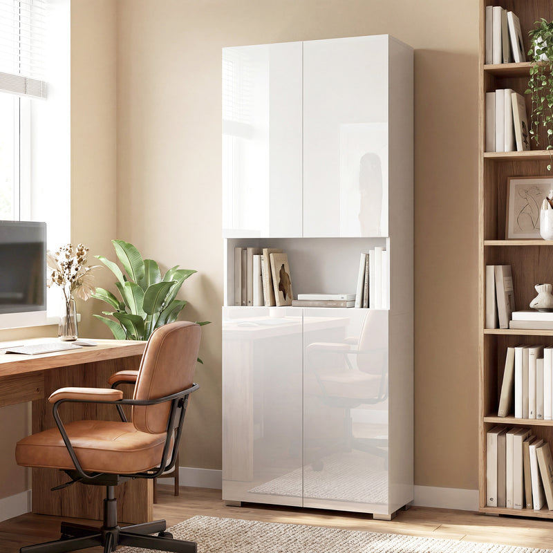 Tall Cupboard For Kitchen Storage with Adjustable Shelves and Soft Close Doors Modern White High Gloss 68x34x180cm Homcom