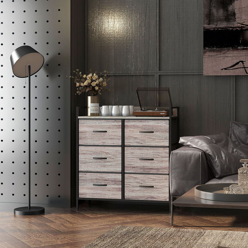 Rustic Storage Chest with Six Fabric Drawers Ideal for Bedroom or Hallway Grey Wood Effect