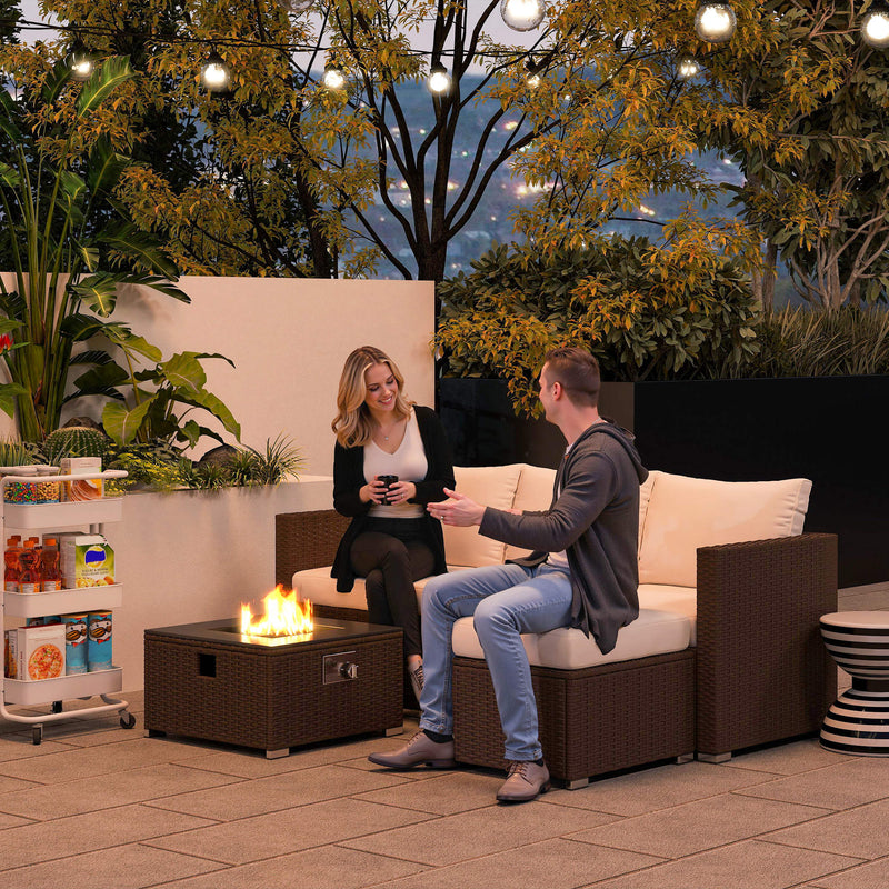 Five Piece Rattan Garden Sofa Set with Fire Pit Table and Footstool Brown