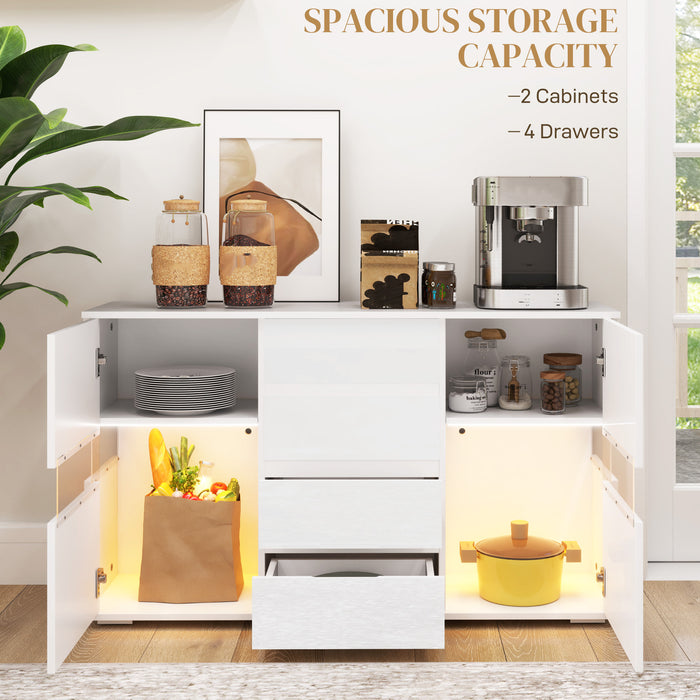 White High Gloss LED Sideboard Cabinet with Storage Shelves and Modern Design