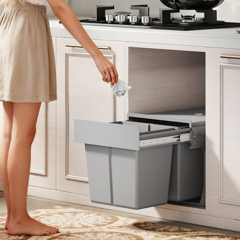 Pull Out Under Sink Bin With 2 Removable 15L Compartments For 400mm Cabinets Light Grey
