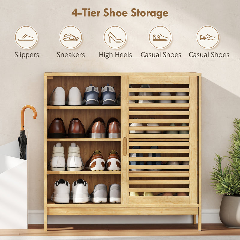 Hallway Shoe Cupboard with Sliding Louvered Doors, Recessed Handled, Adjustable Shelves, Natural
