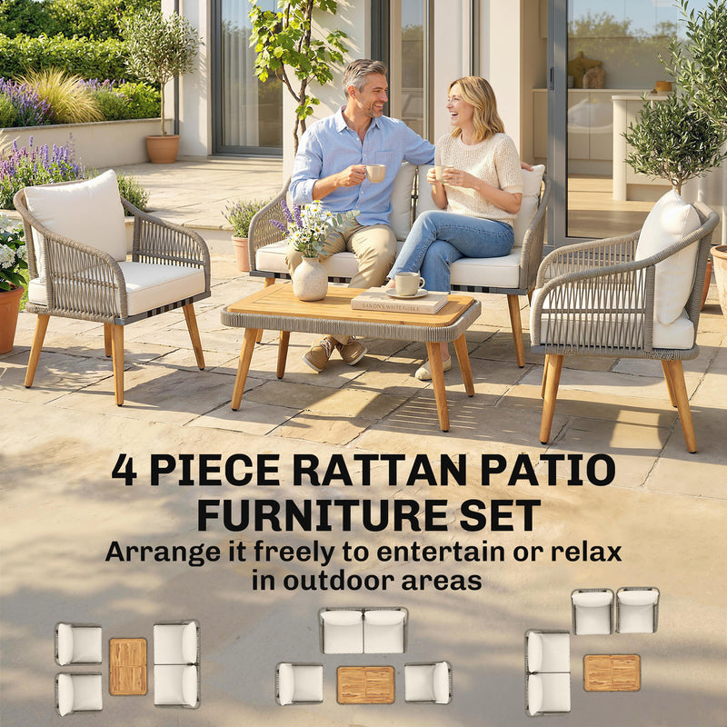 Rattan Garden Furniture Set for Relaxing Outdoor Seating with Cushions and Coffee Table Cream Outsunny