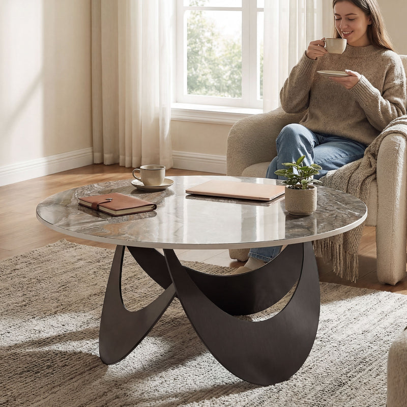 Round Coffee Table with Heat Resistant Sintered Stone Marble Effect Easy Clean Top for Living Room Brown & Black