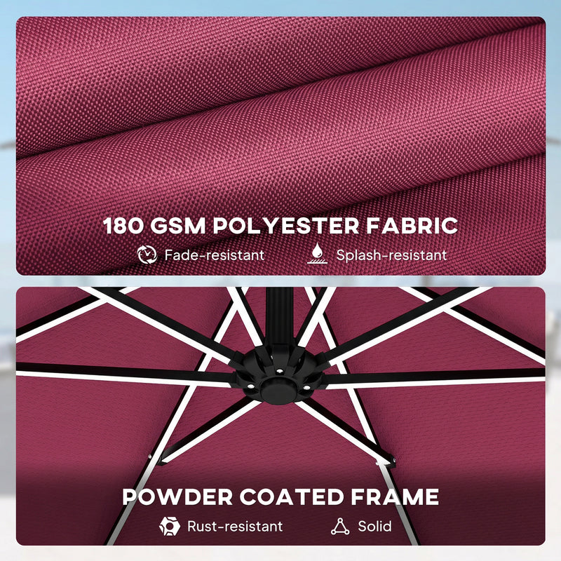 Cantilever Parasol with Lights and Adjustable Shade for Patios, Free Rain Cover, Wine Red