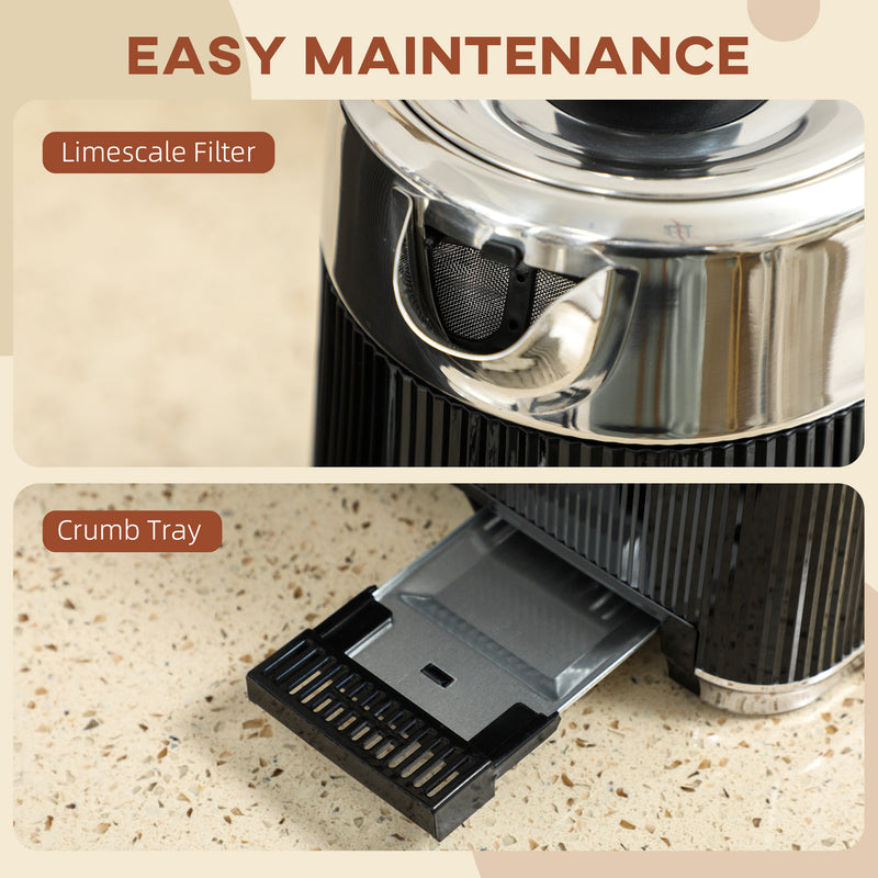 Electric Kettle and 4 Slice Toaster Set with Rapid Boil and Browning Control Black