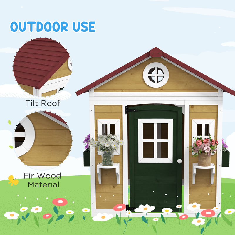Wooden Kids Playhouse with Doors Windows and Planters for Ages 3-8 in Beige by Outsunny