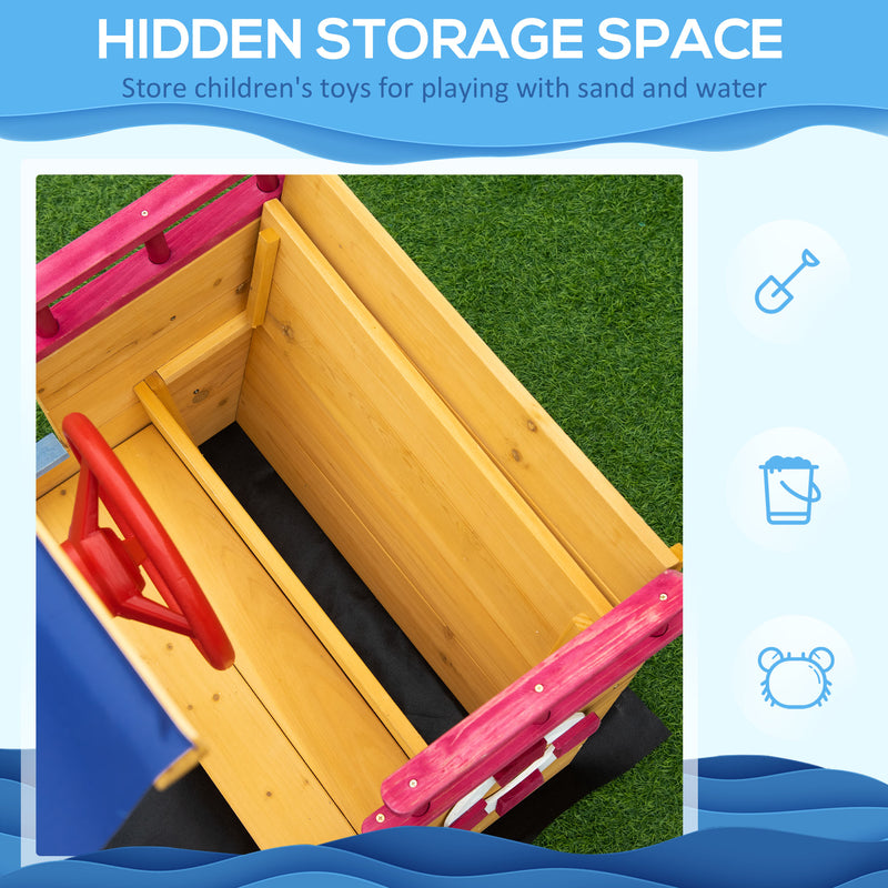 Wooden Pirate Ship Sandpit for Kids with Canopy Storage Bench and Liner Outdoor Play Brown