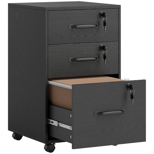 Black 3 Drawer Wood Effect Filing Cabinet With Smooth Rollers For Home Office Use
