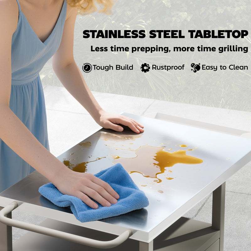 Garden BBQ Prep Table with Stainless Steel Top and Storage for Outdoor Cooking Brown