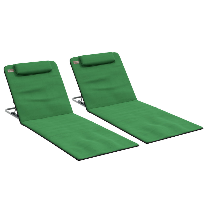 Set of 2 Green Reclining Beach Chairs with Metal Frames for Garden or Camping Use