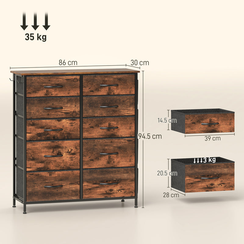 Tall Fabric Chest of Ten Drawers With Wood Top For Bedroom Or Hallway Storage, Rustic Brown