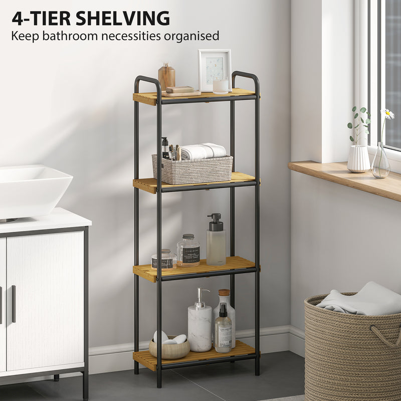 4 Tier Freestanding Bamboo Storage Shelf For Bathroom Or Kitchen With Slatted Design, Natural and Black