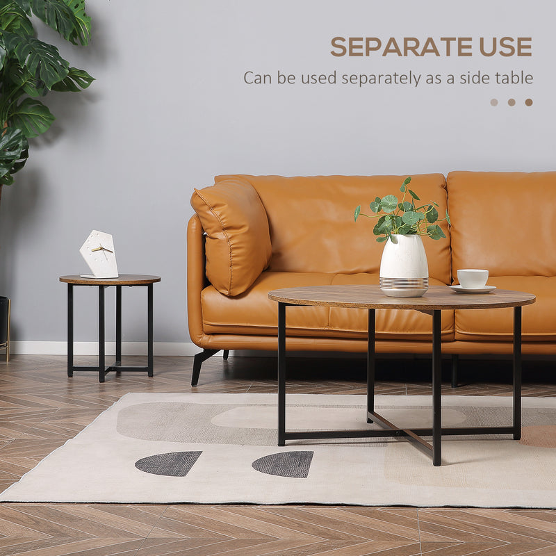 Set of 2 Round Coffee Tables with Metal Frame for Living Room or Bedroom Rustic Brown