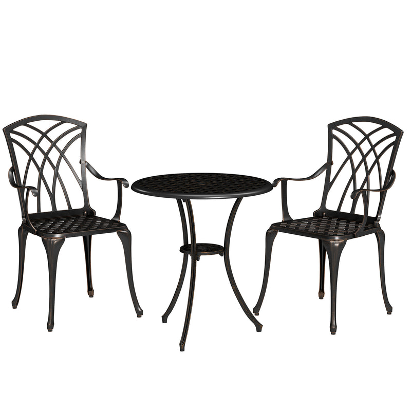 3 Piece Cast Aluminium Garden Dining Set for 2 With Parasol Hole Bronze Tone by Outsunny