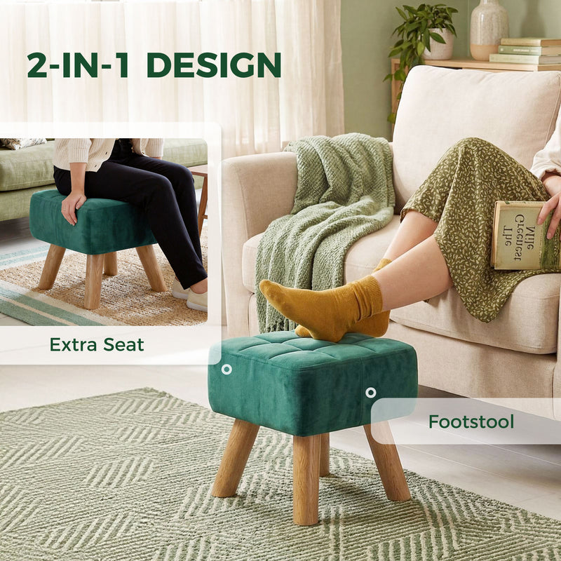 HOMCOM Velvet Square Padded Footstool - Dark Green AOSOM