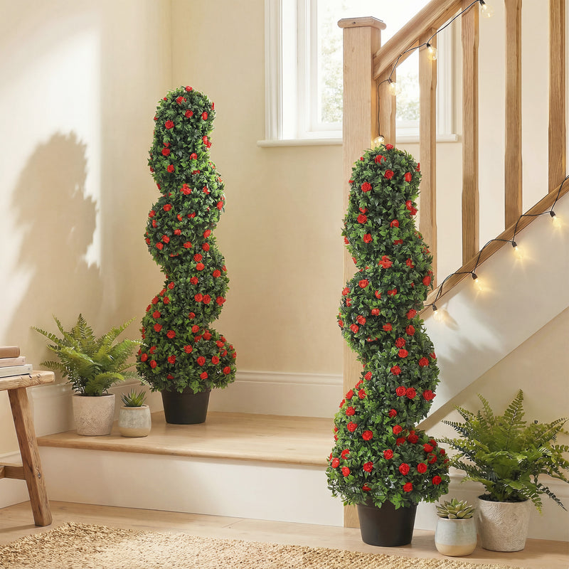 Artificial Rose Spiral Topiary Trees Set of 2 for Easy Care Doorway or Patio Display Red AOSOM